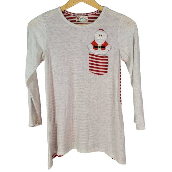 Poof! Girl Christmas Top Cream Size XL Roll Tab Sleeves Stripes 3D Pocket Santa - Picture 1 of 6